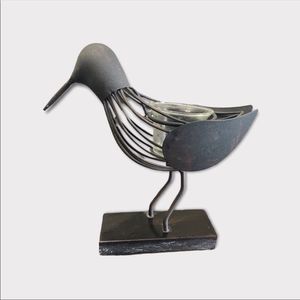 Wrought Iron Bird Tea Light Holder with Wood Stand